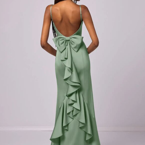 Barbie x Azazie Mermaid Bow Stretch Satin Floor-Length Dress Matcha - Picture 1 of 6